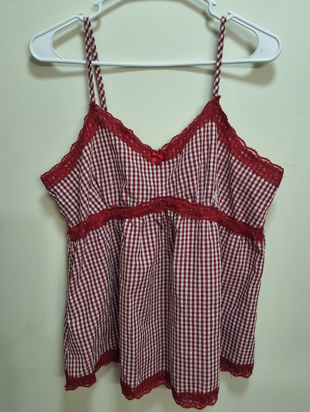 ROMWE Red White Gingham Lace Trim Cami Babydoll Top XL Coquette Picnic